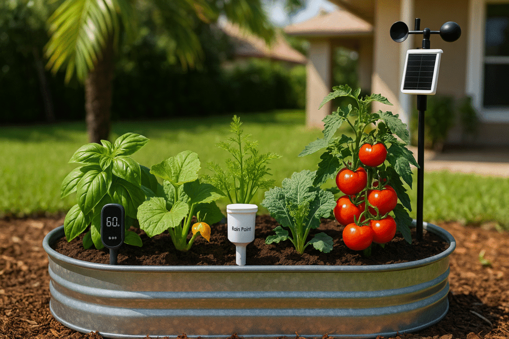 home digital organic garden with flourishing plants in South Florida. Also in the box, a smart soil reader, a sensor, and a smart wind and sunlight sensor. unique, so I can use the image royalty-free and legally on the website as the main image.